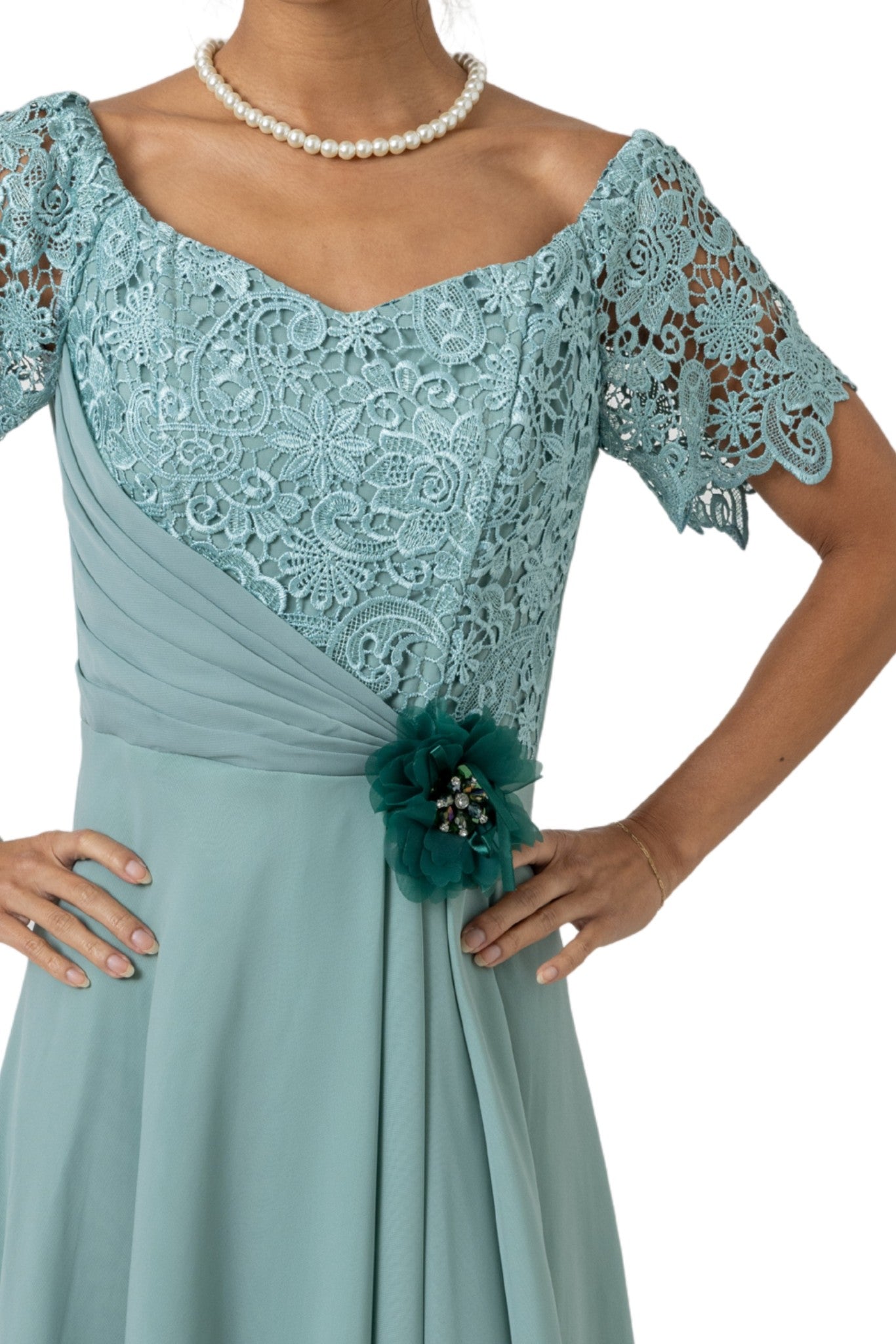 Barong Warehouse - WD23 - Filipiniana Chiffon and 3D Lace Gown Sage Green