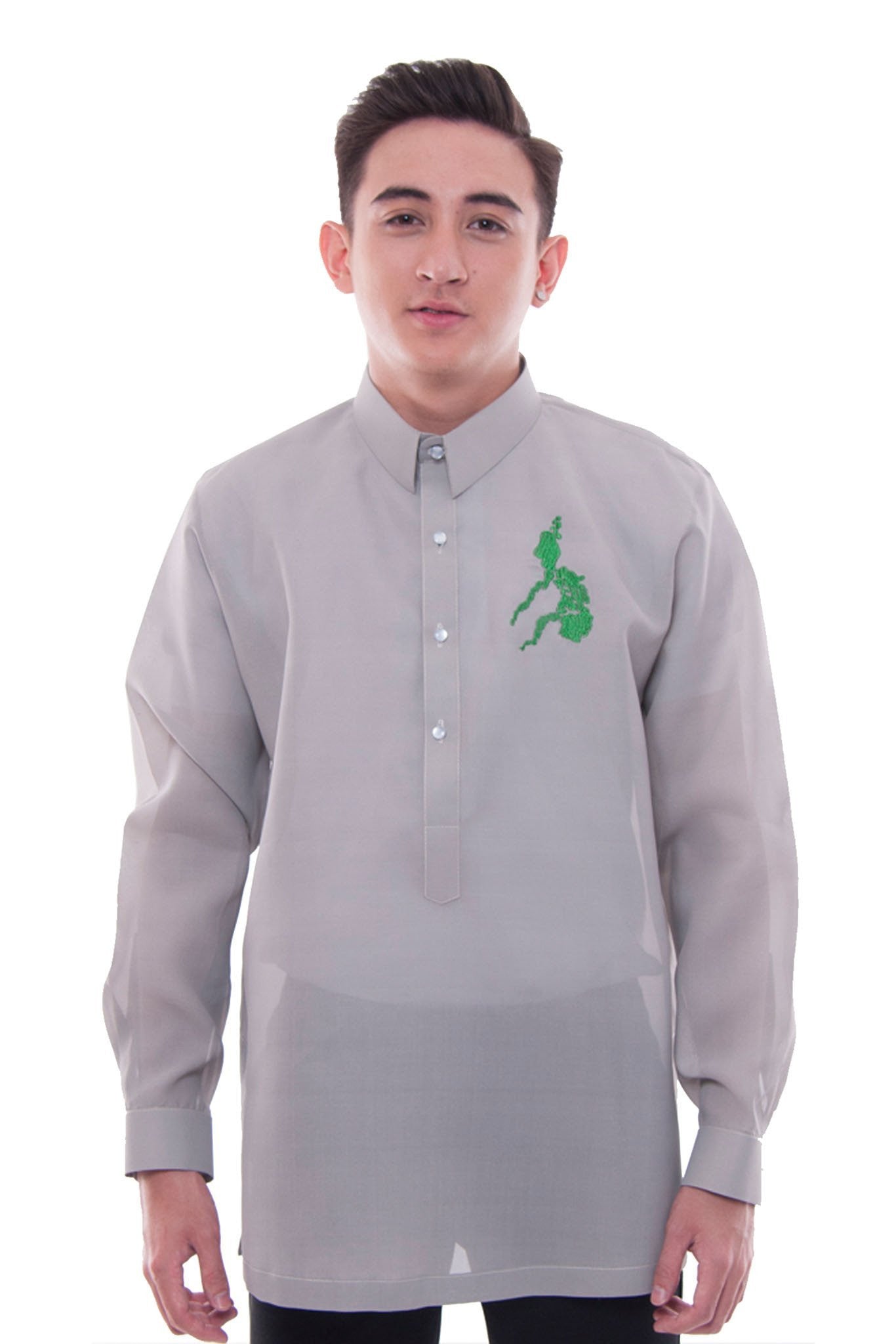 BARONG WAREHOUSE - MJ30 - MADE-TO-ORDER - Jusi Barong Tagalog Gray with Map