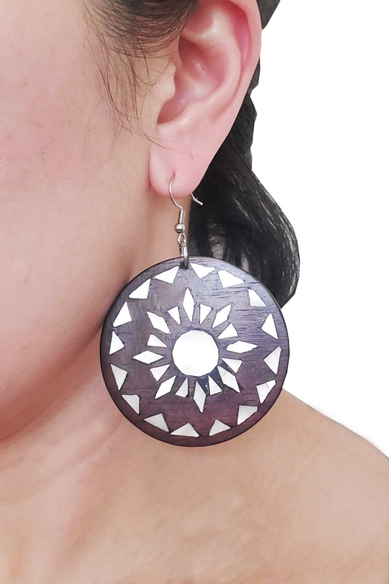 BARONG WAREHOUSE - Maranao Mother of Pearl Inlaid Wooden Circle Earrings