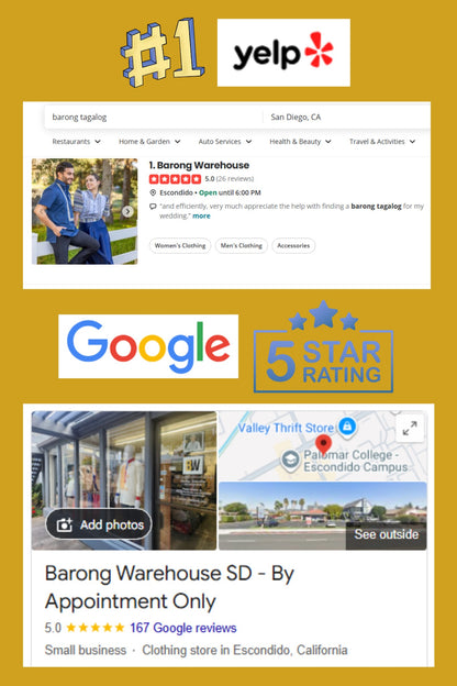 Screenshot of a business listing with Yelp and Google logos and a five-star rating.