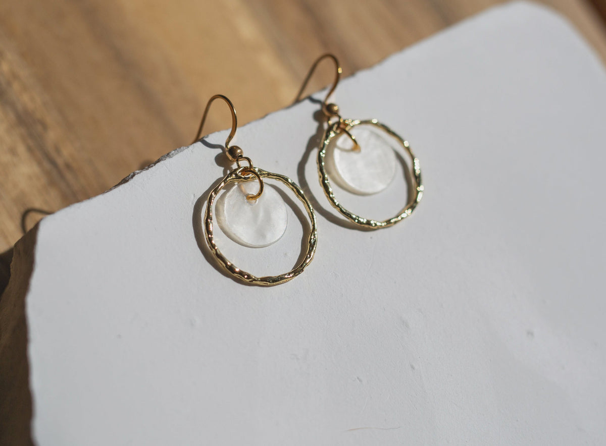 Handcrafted Textured Gold Hoop Capiz Shell Earrings