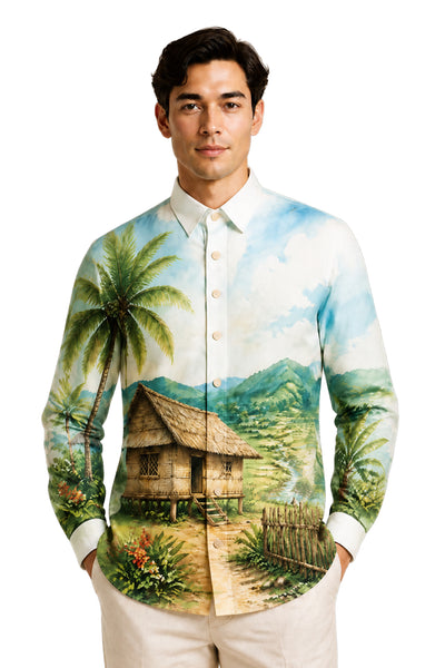 MC10 - Cocoon Pina Heirloom Painting Barong Tagalog Bahay Kubo - BARONG WAREHOUSE