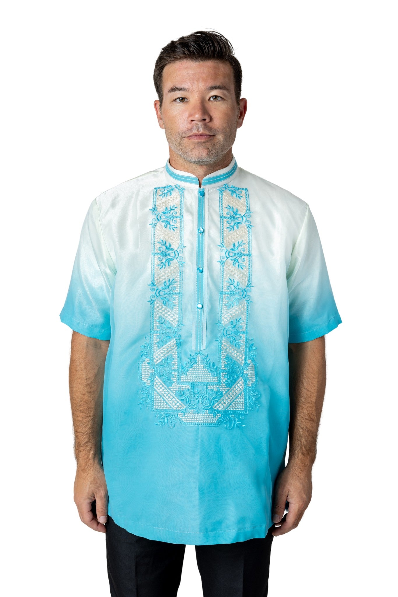 Barong Warehouse - MO48 - Organza Barong Tagalog Short-Sleeve Aqua Blue