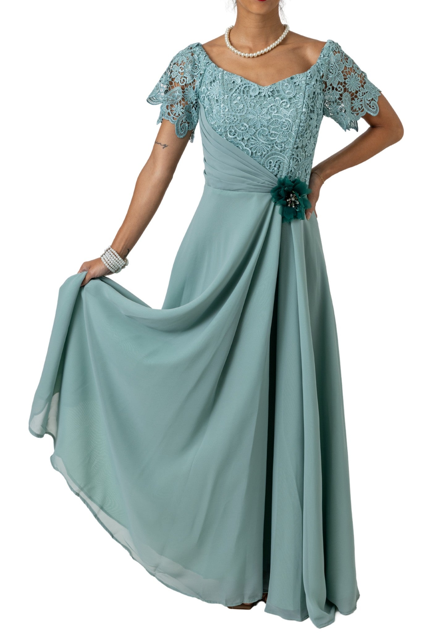 Barong Warehouse - WD23 - Filipiniana Chiffon and 3D Lace Gown Sage Green