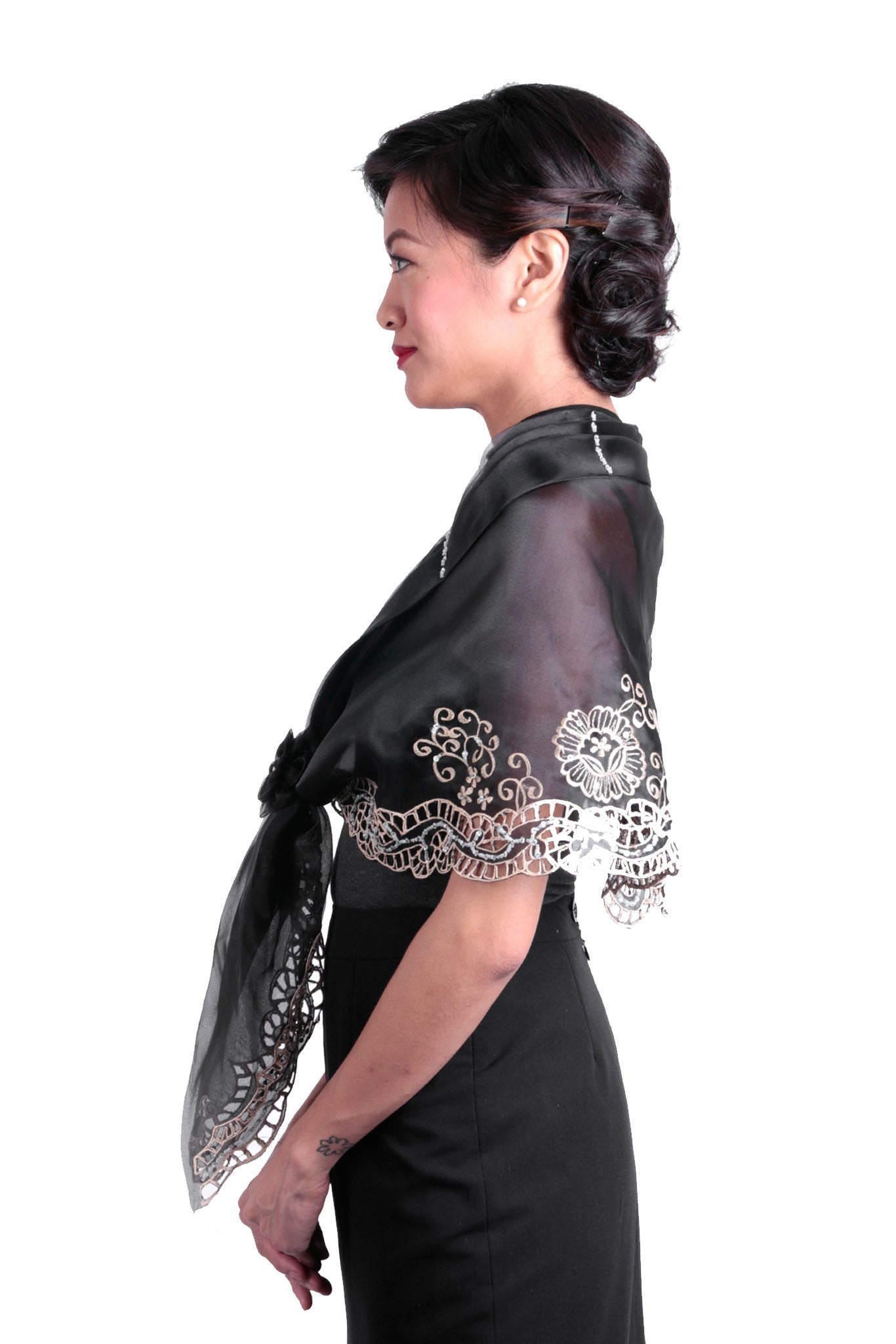 BARONG WAREHOUSE - WA22 Cutwork Alampay Black - Filipiniana