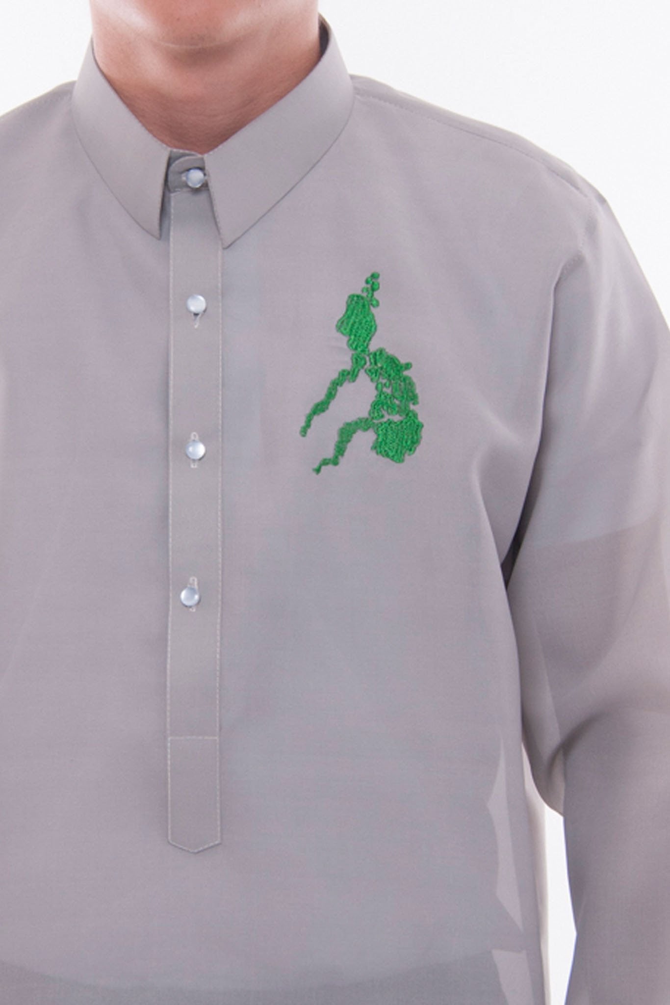 BARONG WAREHOUSE - MJ30 - MADE-TO-ORDER - Jusi Barong Tagalog Gray with Map