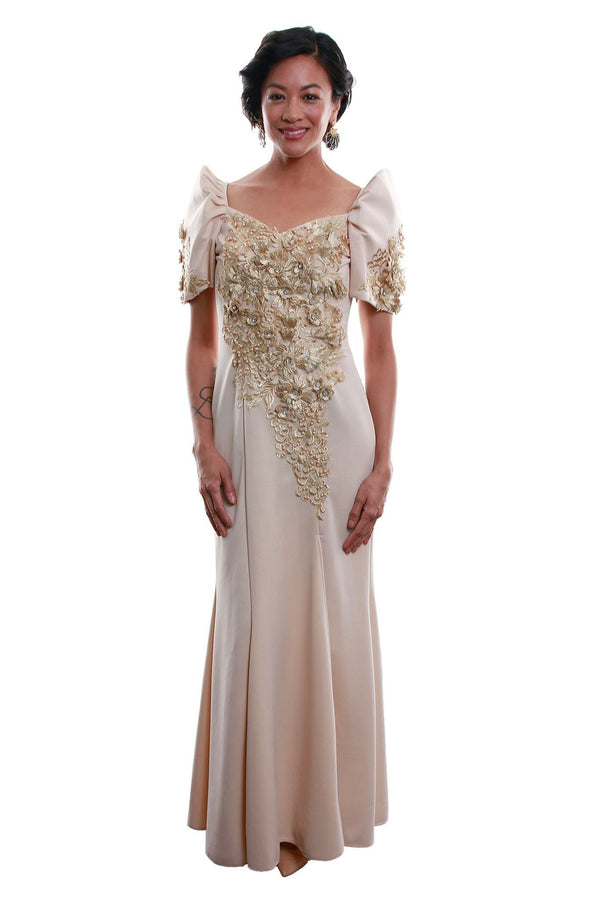 BARONG WAREHOUSE - WD07 Neoprene Mestiza Gown Gold Filipiniana Dress